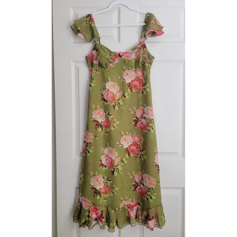 Betsey Johnson Green Floral Ruffle Smocked Midi Dress Medium Y2K Classic - Picture 2 of 11